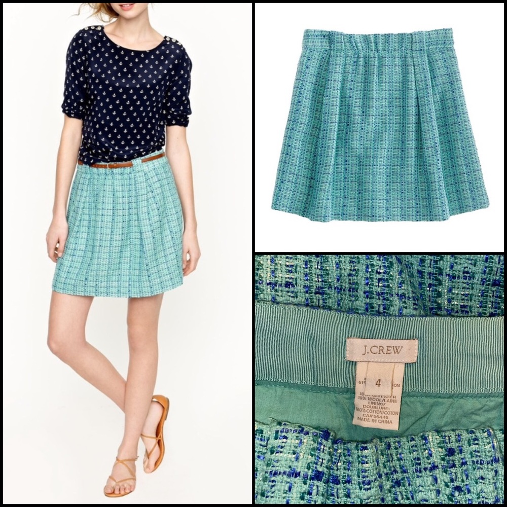 J. Crew Aqua Mint Tweed Shirred Flare Mini Skirt